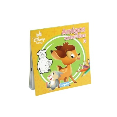 Livro infantil Amigos coloridos 3 Disney baby capa amarela animais e lápis de cor