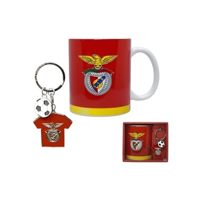 Conjunto caneca e porta-chaves SL Benfica com emblema e cores oficiais em caixa