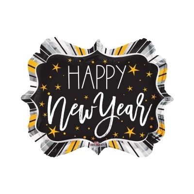 Balão metálico decorativo com texto 'HAPPY New Year' e estrelas