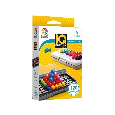 Embalagem do jogo IQ Puzzler Pro com peças coloridas e tabuleiro cinza e branco