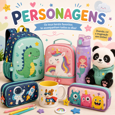 Conjunto infantil com mochila, lancheira, garrafa, estojo, caneca e peluche com desenhos coloridos