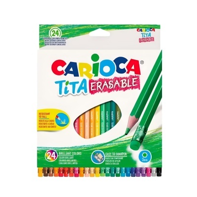 Estojo de lápis de cor CARIOCA TITA ERASABLE coloridos com embalagem branca e verde