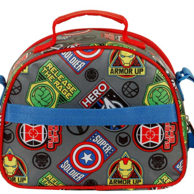 Bolsa infantil colorida com padrão de super-heróis e alças azul e vermelha