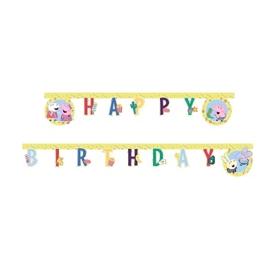 Faixa decorativa de festa com letras coloridas 'HAPPY BIRTHDAY' e personagens animados