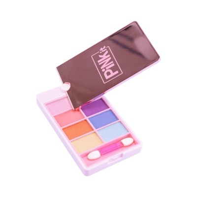 Paleta de maquilhagem rosa com sombras coloridas e tampo espelhado