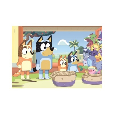 Ilustração de quatro cães em ambiente interno com brinquedos coloridos