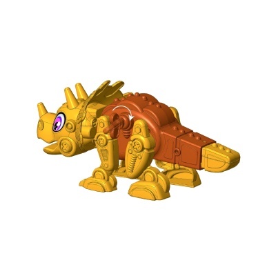 Figura de dinossauro mecânico tricerátopo amarelo e laranja