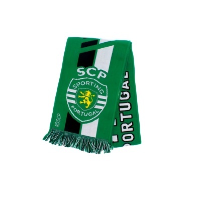Cachecol Sporting Portugal verde, branco e preto com logo e franjas.