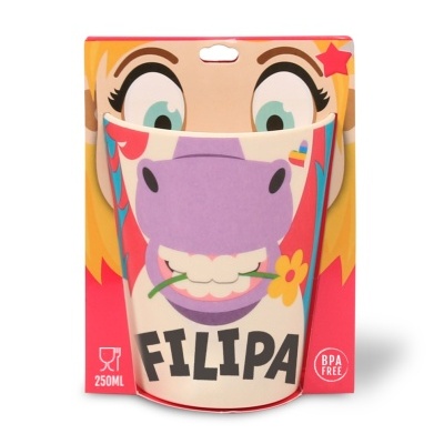 Copo infantil colorido com rosto de animal e nome FILIPA em embalagem rosa e amarela