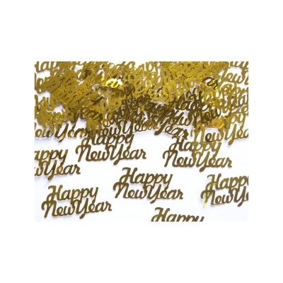 Confetes dourados com texto Happy New Year em fundo branco