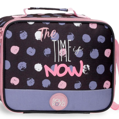 Mala lancheira preta com padrão de círculos coloridos e texto 'The TIME is NOW'