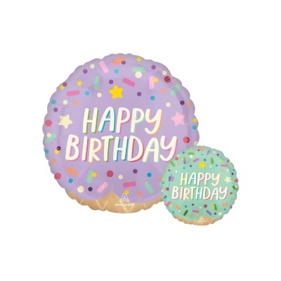 Dois balões em forma de bolacha decorada com granulados coloridos e a frase 'HAPPY BIRTHDAY'