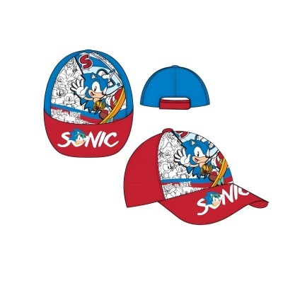 Boné infantil Sonic azul e vermelho com visor vermelho e personagem Sonic