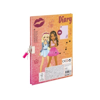 Diário com ilustrações de duas raparigas e cadeado rosa