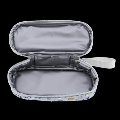 Estojo aberto cinzento com padrão colorido exterior e alça branca