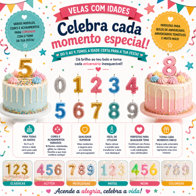Velas de aniversário em números coloridos e decorados em bolos com texto promocional em português.