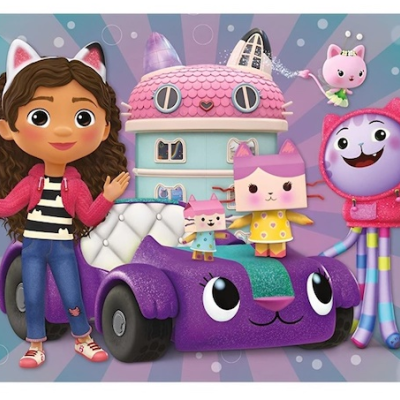 Personagens animados com uma rapariga, carrinho e animais num cenário colorido com símbolos de patas