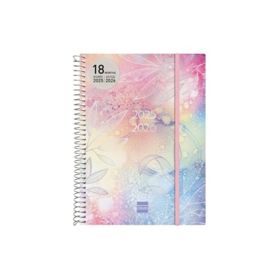 Agenda mensal 18 meses com capa colorida e padrão de folhas, elástico rosa