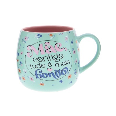 Caneca verde água com texto em português e decoração floral