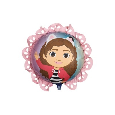 Balão metálico redondo com figura de rapariga e borda rosa decorativa