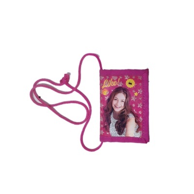 Carteira rosa pequena com imagem de rapariga e cordão cor-de-rosa
