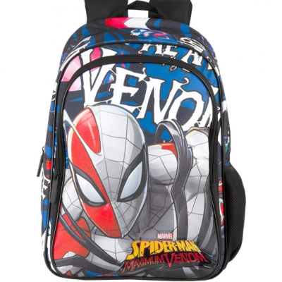 Mochila infantil Homem-Aranha Marvel com estampa Venom em cores azul, vermelho e branco