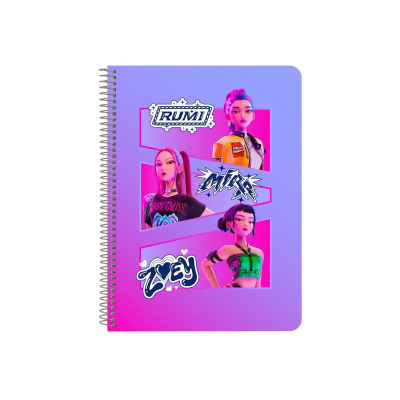 Caderno espiral com capa roxa e rosa com ilustrações de personagens femininas e textos RUMI, MIRA, ZOEY