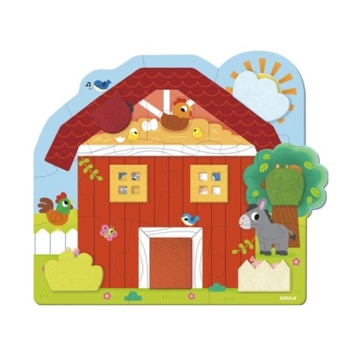 Puzzle em madeira com imagem colorida de um celeiro, animais de quinta e elementos da natureza.