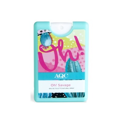 frasco de perfume spray AQC oh! Savage em embalagem colorida com tampa azul