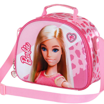 Mala rosa para criança com estampa da Barbie loira e padrão em rosa e branco