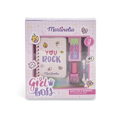 Conjunto de beleza e caderno Martinelia com caderno You Rock, verniz de unhas, batom e pincel em caixa rosa e lilás