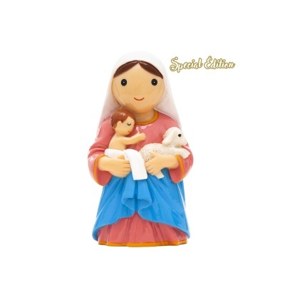Figura decorativa de Maria com criança e cordeiro, cores rosa, azul e branco