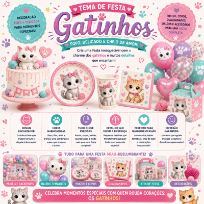Festa temática Gatinho com bolo, pratos, copos, guardanapos, balões e caixas decorados com gatinhos e patas.