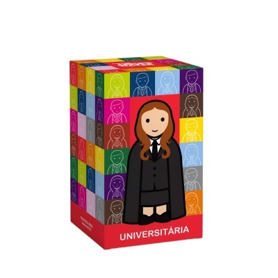 Caixa colorida com personagem universitária em desenho estilizado