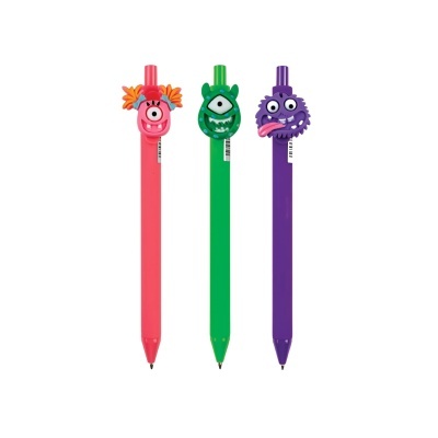 Três canetas coloridas com cabeças de monstros no topo