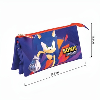 Estojo escolar azul com imagem de Sonic e fecho vermelho
