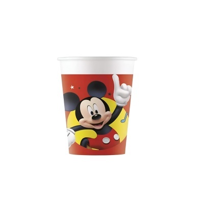 Copo de papel com estampa do Mickey Mouse em fundo vermelho, amarelo e preto