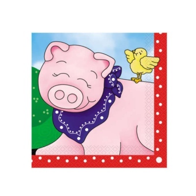 Guardanapo de papel com desenho de porco rosa e passarinho amarelo