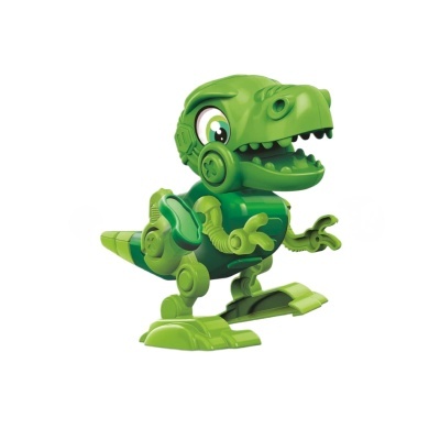 Figura de dinossauro robótico verde de brinquedo em fundo branco