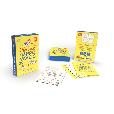 Caixa e cartas de jogo 'PERGUNTAS IMPROVÁVEIS' amarelas com texto azul e vermelho e desenhos coloridos