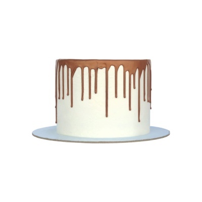 Bolo redondo branco com cobertura de chocolate a escorrer