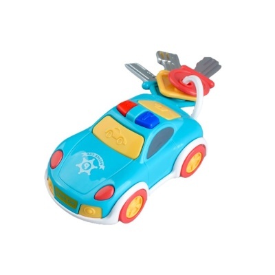 Brinquedo plástico azul em forma de carro policial com chaves e botões coloridos