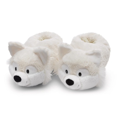 Chinelos de peluche bege claro e branco em forma de lobo