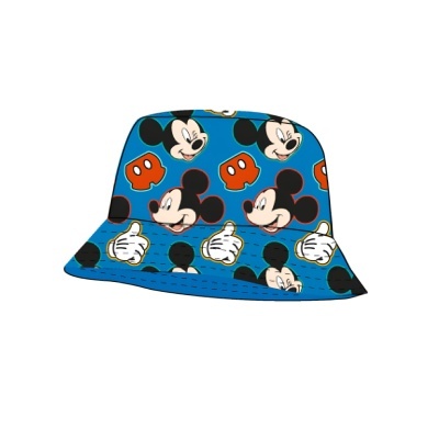 Chapéu balde azul com estampas do Mickey Mouse em várias expressões e mãos.