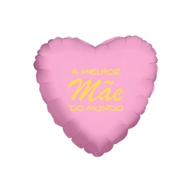Balão rosa em forma de coração com texto amarelo 'A MELHOR MÃE DO MUNDO'