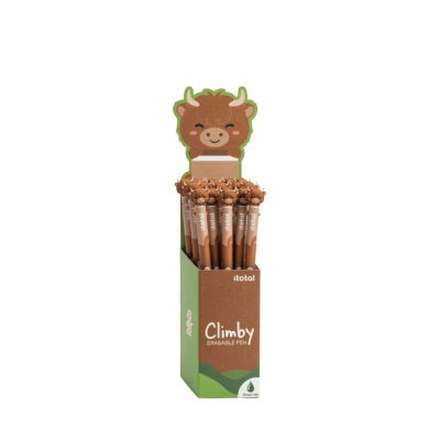 Caixa com canetas apagáveis castanhas com toppers de búfalo sorridente.