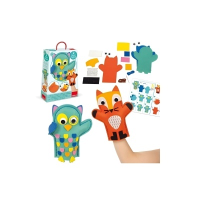 Luvas de fantoches de coruja e raposa coloridas com acessórios e embalagem