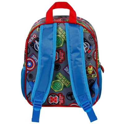 Mochila infantil colorida com padrão de símbolos e alças azuis e vermelha