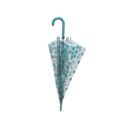 Guarda-chuva transparente com pontos azuis e cabo azul celeste