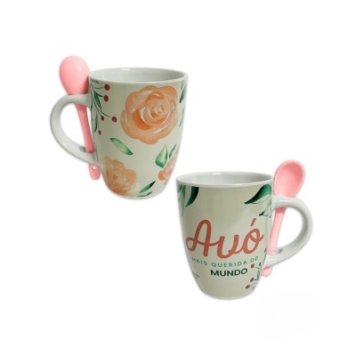 Duas canecas de cerâmica com padrão floral e colher rosa na pega